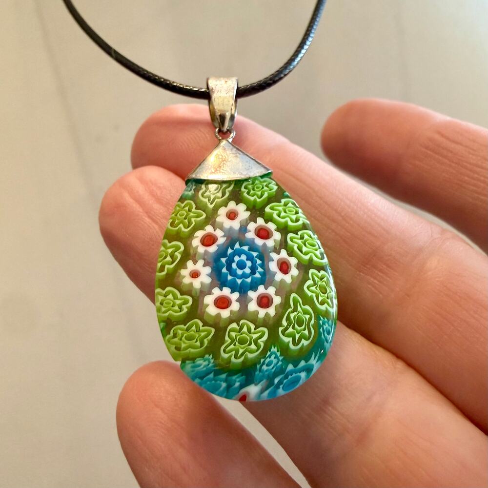 Murano Style Millefiori Green Blue Oval Glass Pendant - Picture 3 of 4